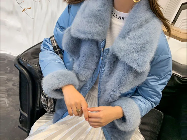 light blue Роскошное натуральное меховое пальто, зимняя куртка, Женская куртка из натурального меха норки, парка, теплое пуховое пальто на утином пуху, модная уличная Серебряная пуховая куртка - Цвет: light blue
