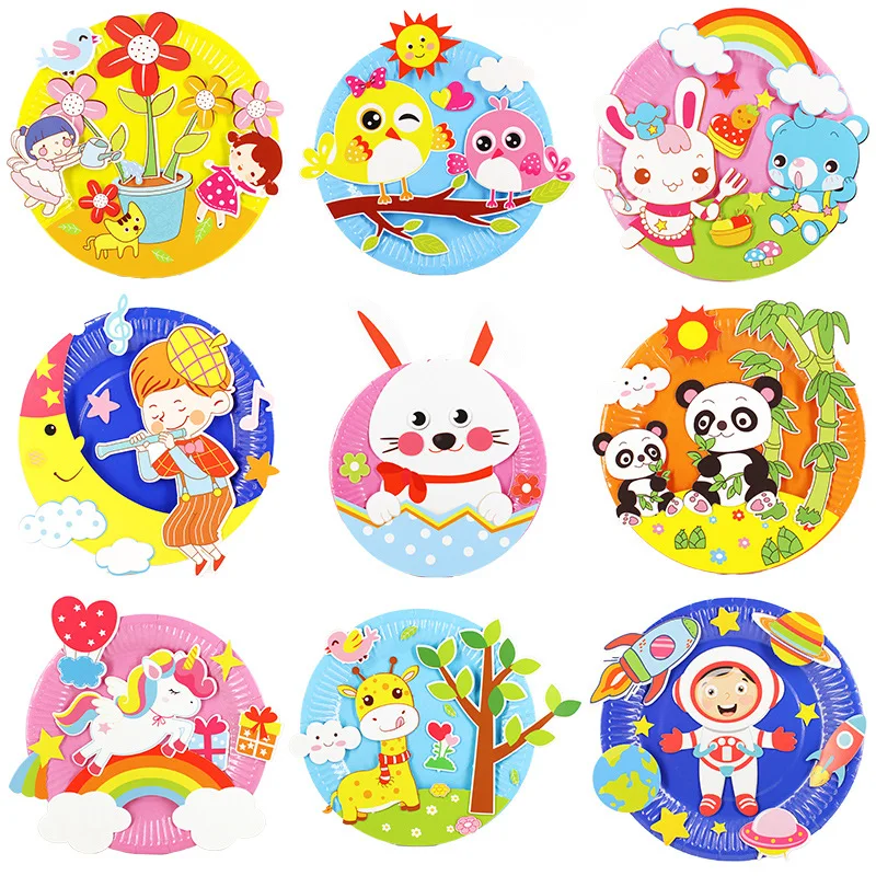 Animal Cartoon Paper Plate Drawing DIY Handmade Craft Toys Material Package Children Creative Puzzle Toys Colorful Paper Plate