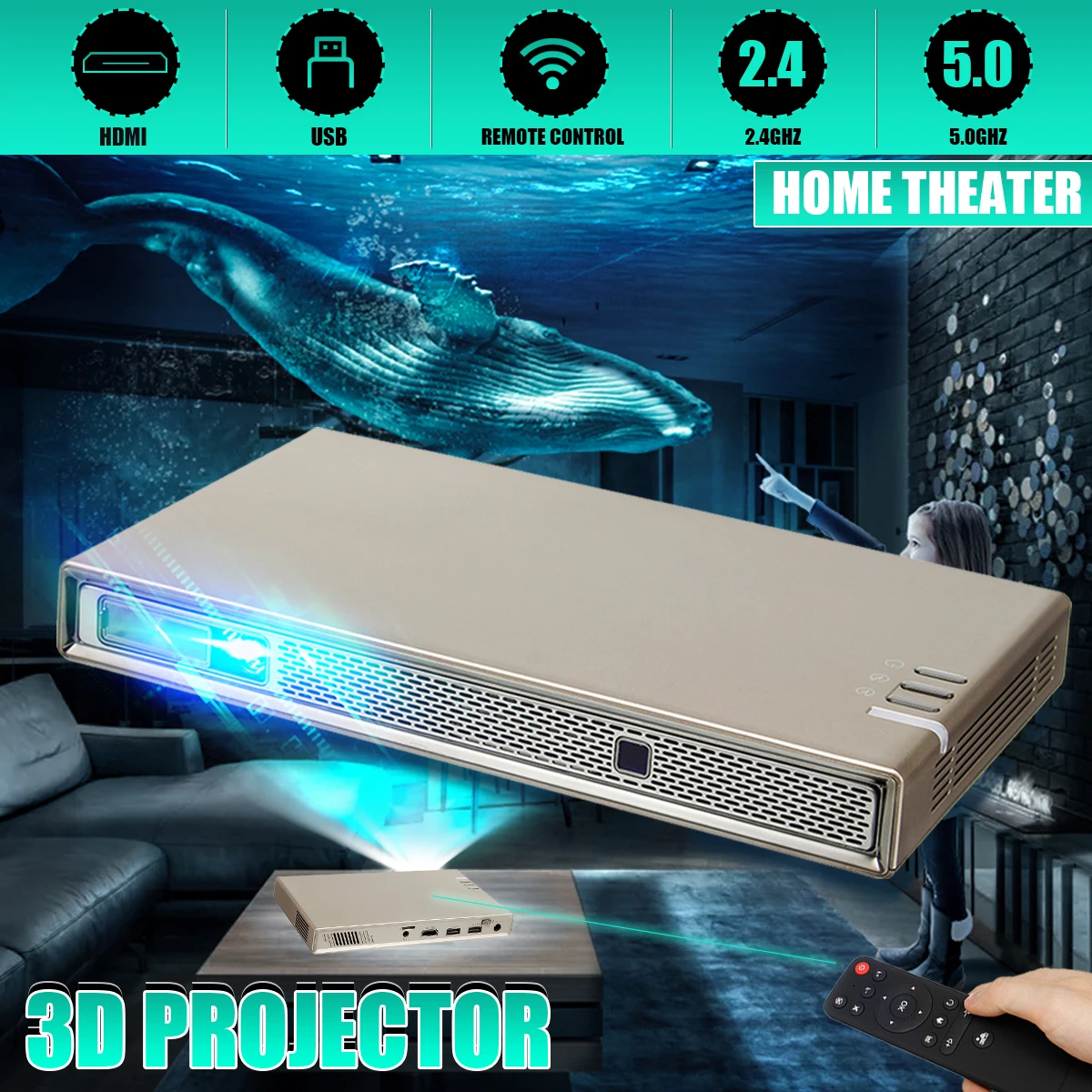 

LED Smart Home Theater Projector 4K Wifi 1080p Mini Handheld 3D Video Movie Beamer HDMI USB Home Video Equipment System US Plug