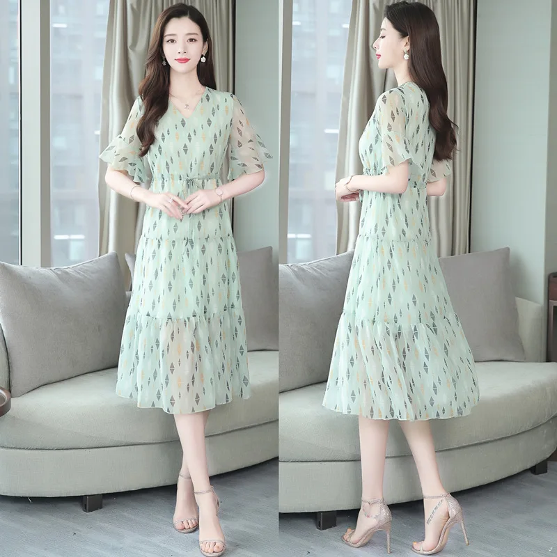 

2019 Summer New Style Chiffon Dress WOMEN'S Dress Floral Fashion Elegant Slim Fit Slimming Medium-length Skirt