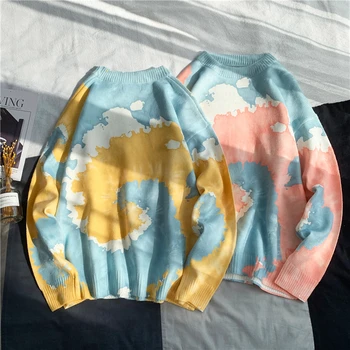 

Winter New Contrast Color Sweater Men's Warm Fashion Tie-dyed Casual Knit Sweater Man Streetwear Loose Long-sleeved Pullover Men