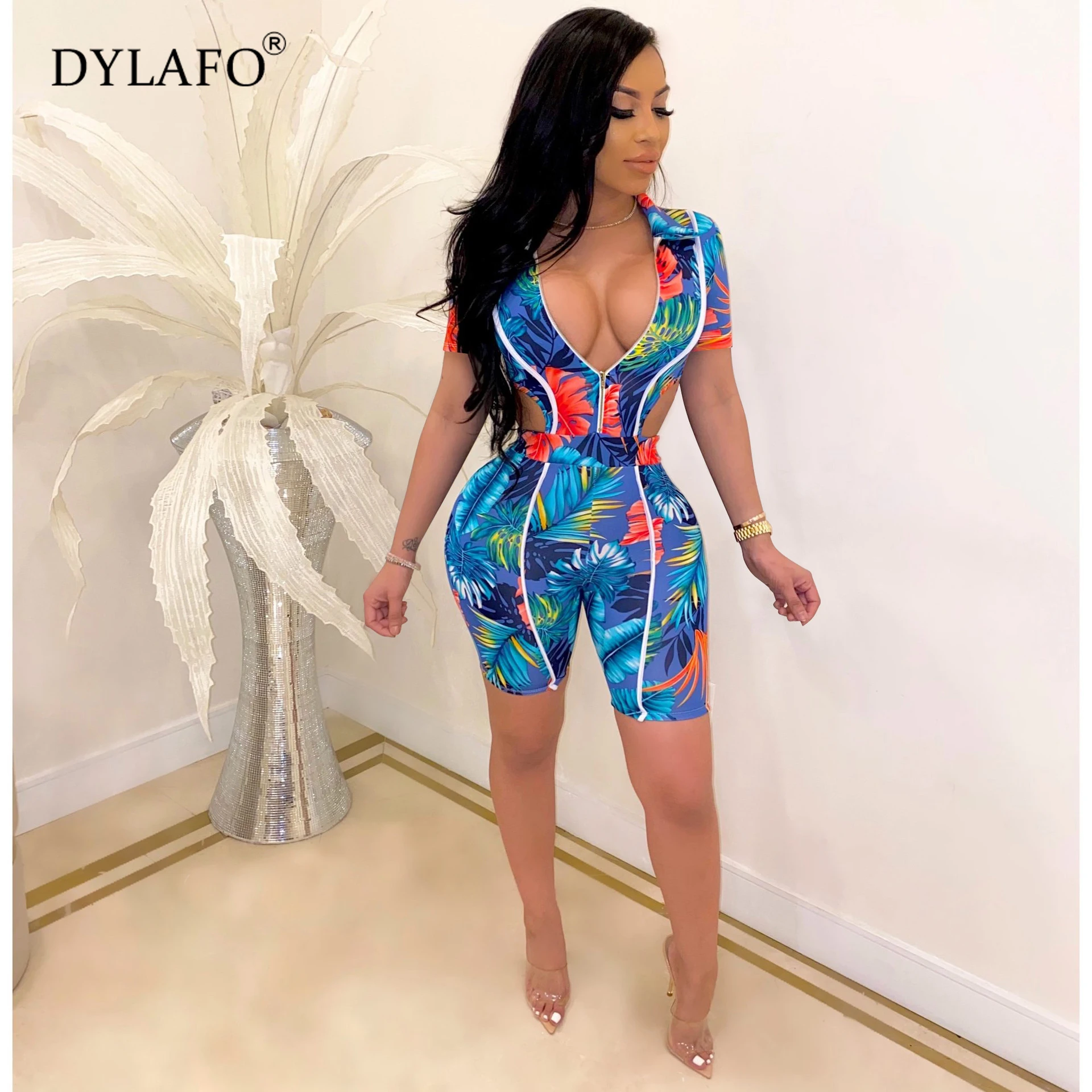 Sexy Hollow Out Skinny Female Printed Playsuits Summer High Quality Fitness Leisure Sports Streetwear Fashion Stretch Jumpsuits