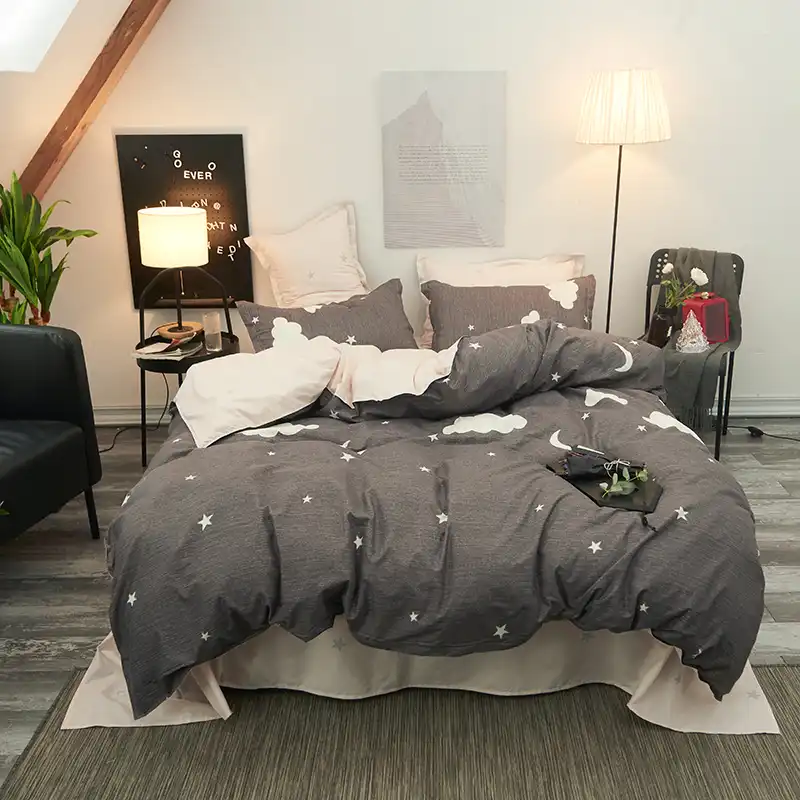 4pcs Bedding Sets Dark Grey Ivory Reversible Bedclothes White