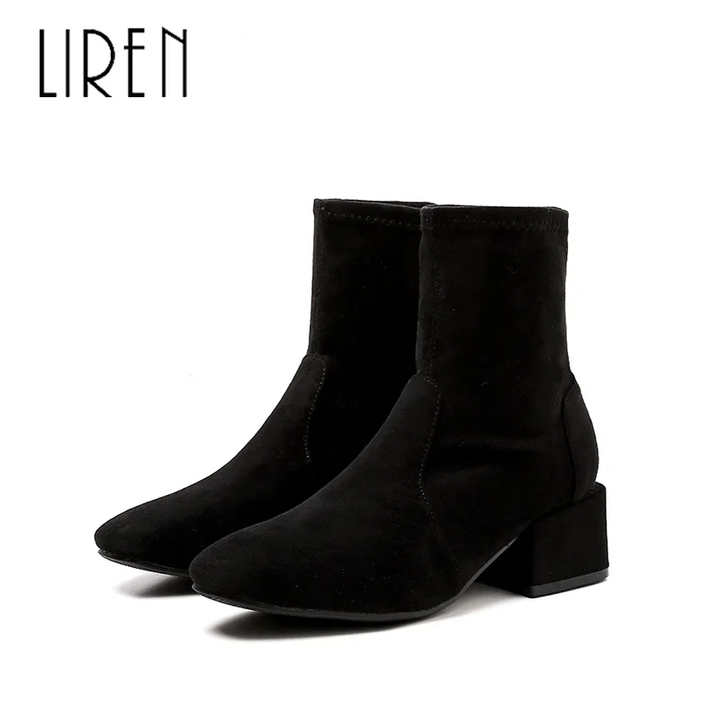 

Liren 2019 Spring/Autumn Women Fashion Ankle Flock Slip-on Boots Round Toe Med Square Heels Lady Fashion Comfortable Boots
