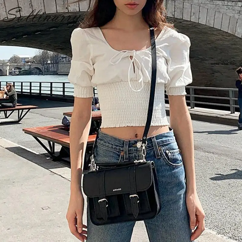 

Sollinarry Streewear Square Collar Blouse Women White Puff Sleeve Sexy Shirts Tops Female Fashion Lace Up Short Blouses Mujer