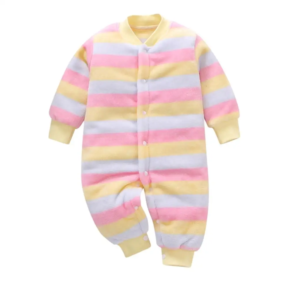 Newborn Infant Baby Girl Fleece Thick Warm Striped Romper Jumpsuit Coat Outfits Soft Cotton Blend V-neck Long Sleeve Romper A40