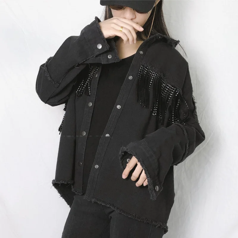 

Autumn Vintage Black Spliced Jeans Jacket Tassel Sequins Casual Loose Denim Jacket Female Harajuku Loose Women's Windbreaker