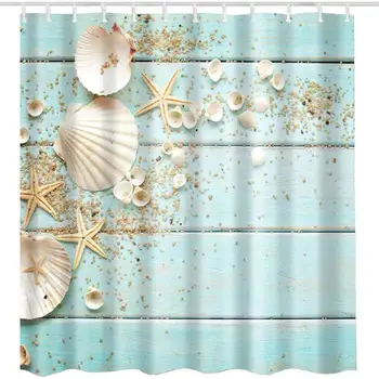 

Seashell Shower Curtain Set, Sea Shells Starfish Sand on Rustic Wooden Board Ocean Beach Theme Art Print Bath Curtain, Turquoise