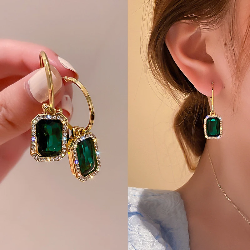 DIAMANTIO 18K Gold Plated Leaf Drop Earrings With Emerald Green Crystal – Statement Elegant Dangle Earrings For Women With Sparkling Cubic Zirconia