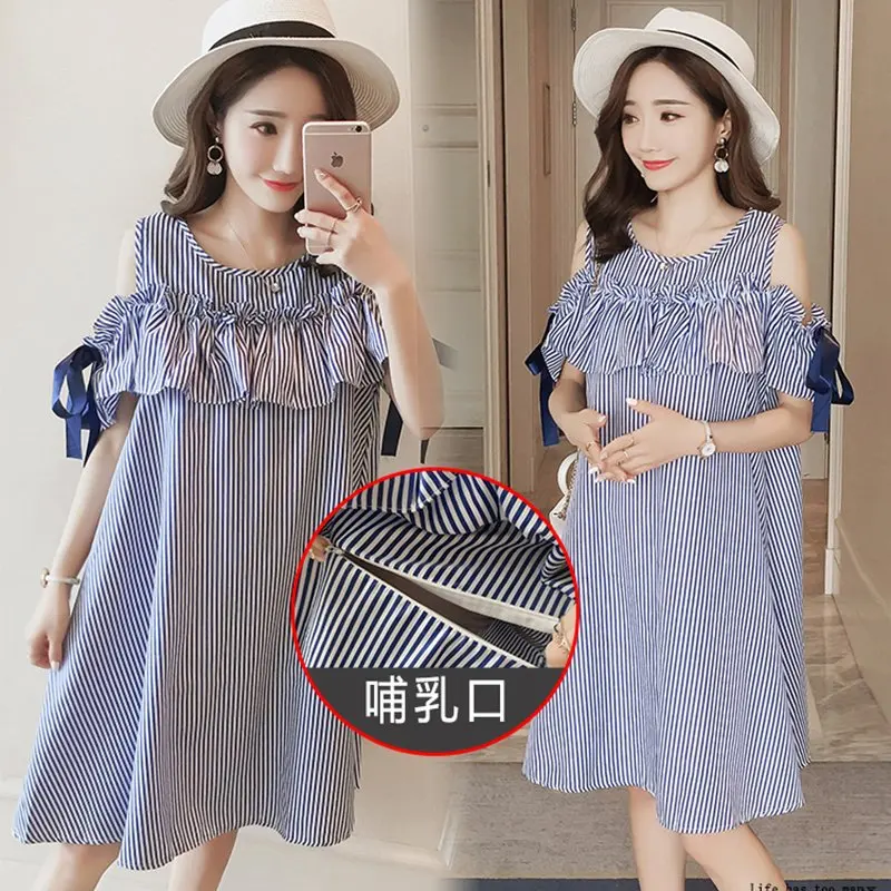 

Maternity Clothes Summer Skirt 2019 New Style Korean-style Fashion off-Shoulder Bow Stripes Nursing Dress Mid-length