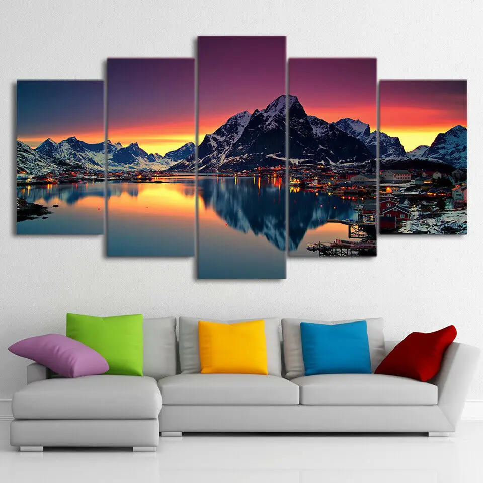 

5 Pcs Canvas Picture Print Wall Art Canvas Paintings Sunset Lake Mountain Scenery Poster Wall Decoration for Living Room Unframe