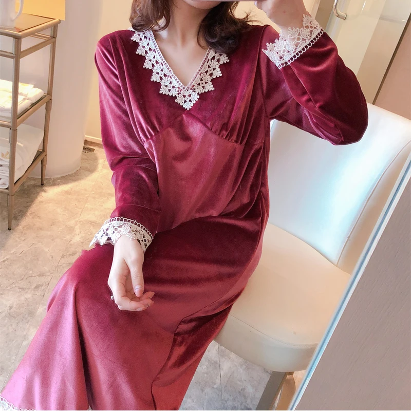 

Fashion Women Winter NightSkirt Leisure Home Clothes Long Sleeve Thicken Warm Gold Velvet NIghtgown for Women Dress Sleepwear