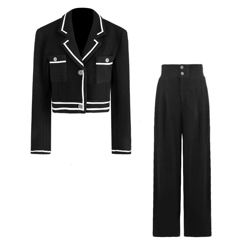 women Set Pant Sets Black White Color Matching Vintage Short Coats High Waist Wide Leg Pants 2 Piece Set dropshipping B342