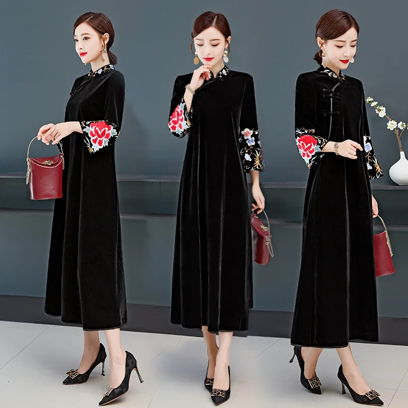 

Photo Shoot Autumn Dress Women's Dress 2019 New Style Chinese-style Embroidered Cheongsam Stand Collar Waist Hugging Velvet Dres