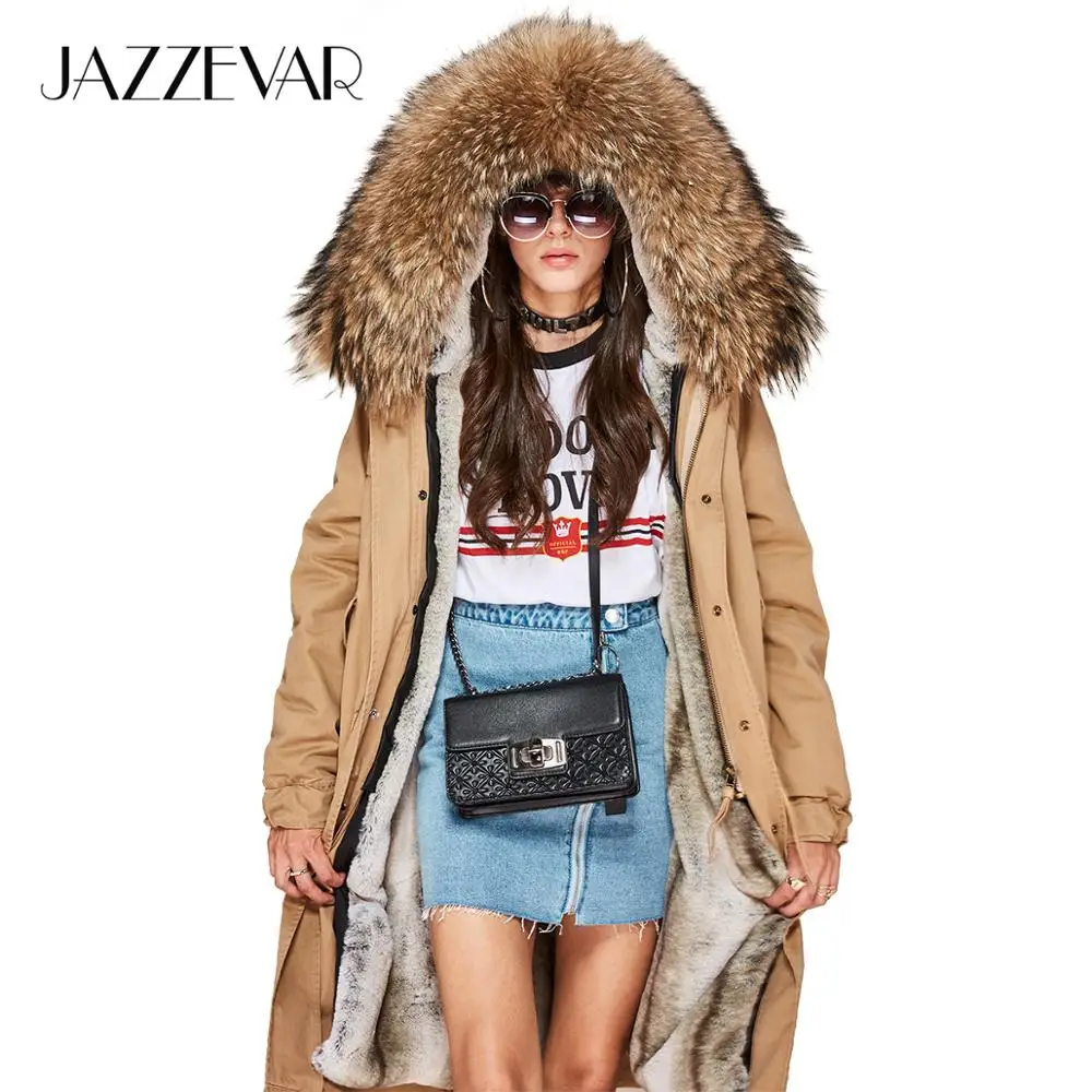 Meilleur JAZZEVAR 2019 nouvelle haute couture femmes x long parka grand réel fourrure de raton laveur col à capuche manteau Outwear militaire veste d hiver