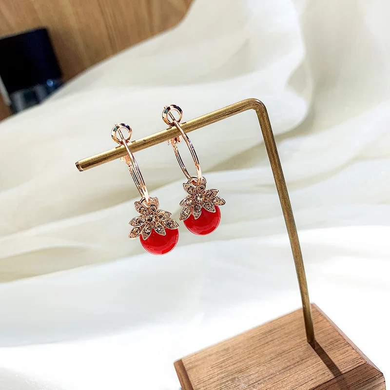 The New Simple Cute Rhinestone Flower Red Bead Korean Sweet Elegant Pendant Necklace for Women Fashion Accessories | Украшения и