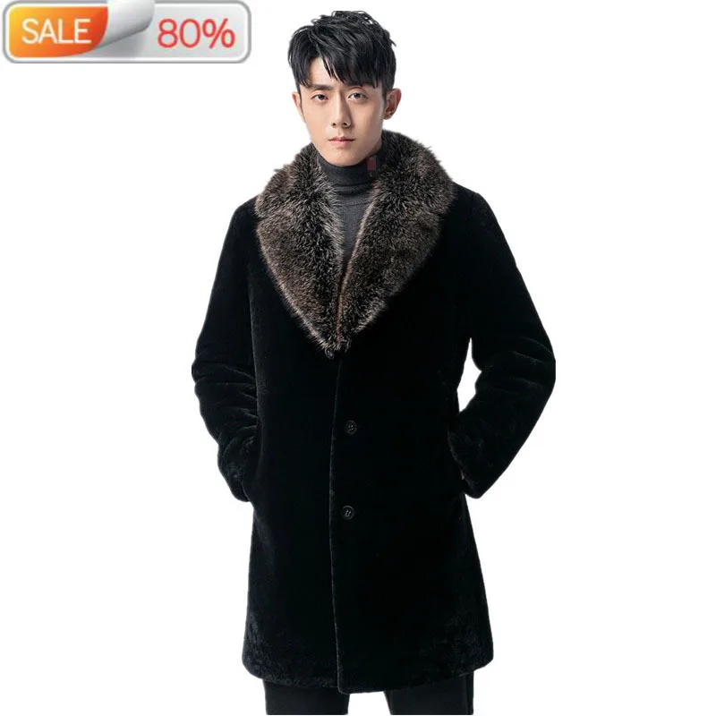 

Real Sheep Shearling Coat Autumn Winter Jacket Men Raccoon Fur Collar Long Coats Chaqueta HombreA605 ND1216