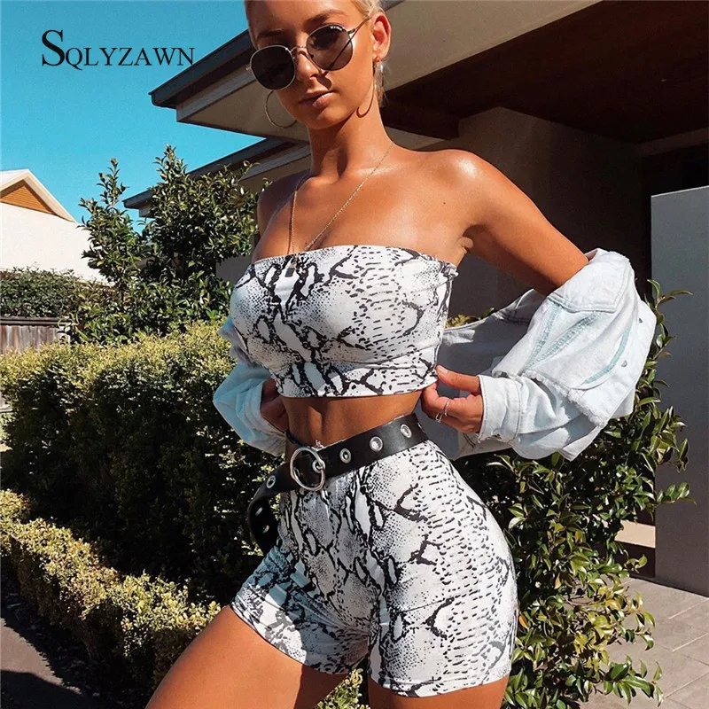 Snake Skin Two Piece Set Women Summer Strapless Backless Crop Top Elastic Waist Shorts Tracksuit Fashion Beachwear 2 Pcs Outfits |