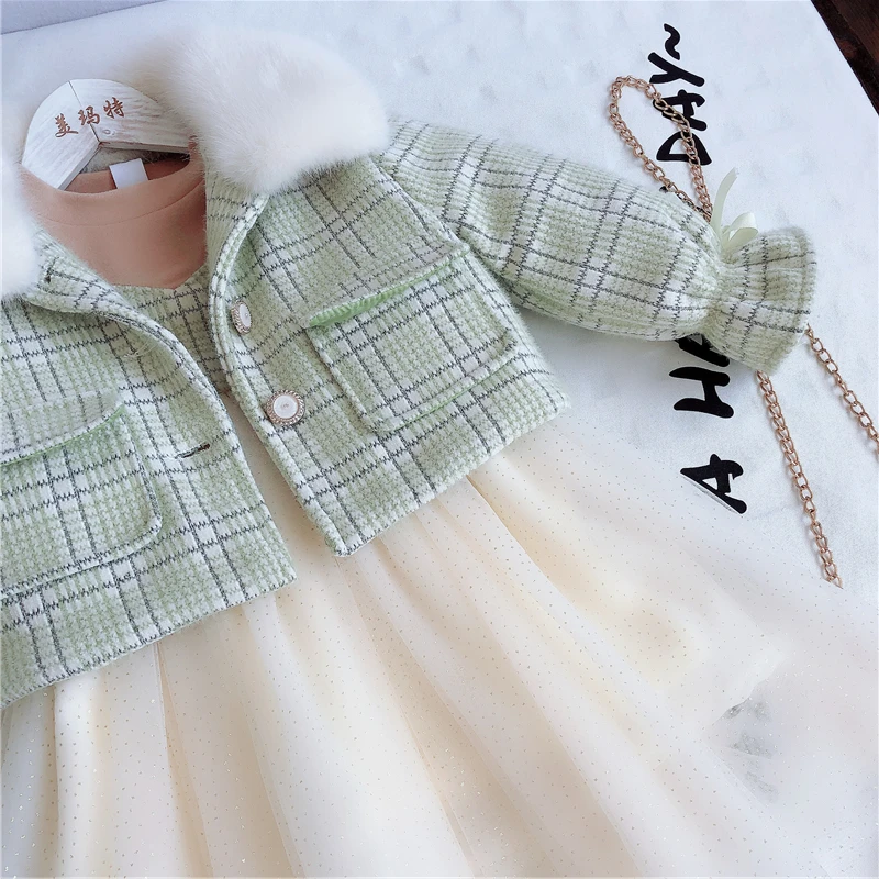 Новинка года, Модный комплект одежды для маленьких девочек, клетчатое пальто+ платье с длинными рукавами элегантная Новогодняя одежда для девочек Детские костюмы принцессы