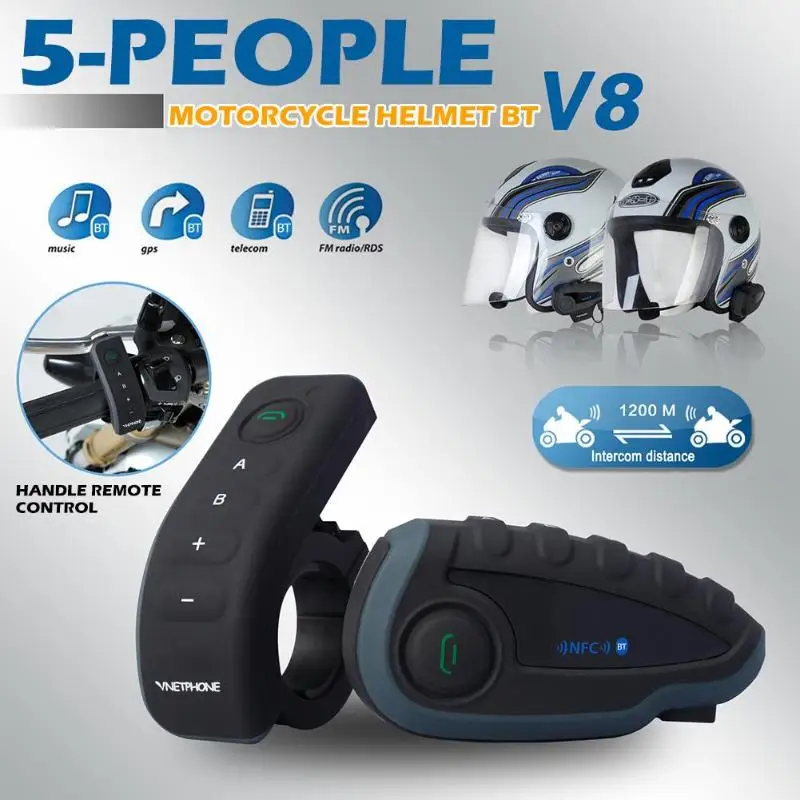 

V8 Headset Headphone Motorcycle Intercom 5 Riders Helmet Bluetooth Remote Control Handle NFC Matches Mobile Phone FM Radio NFC