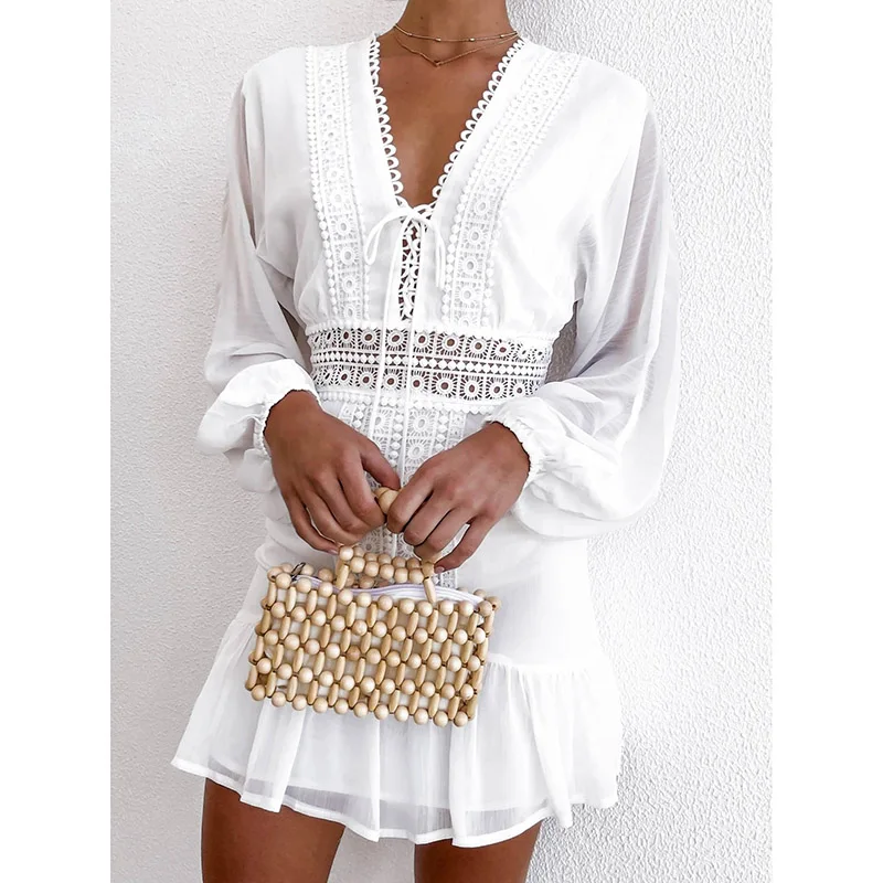 Ordifree летнее женское шифоновое мини-платье с длинным рукавом и вышивкой, белое кружевное короткое пляжное платье