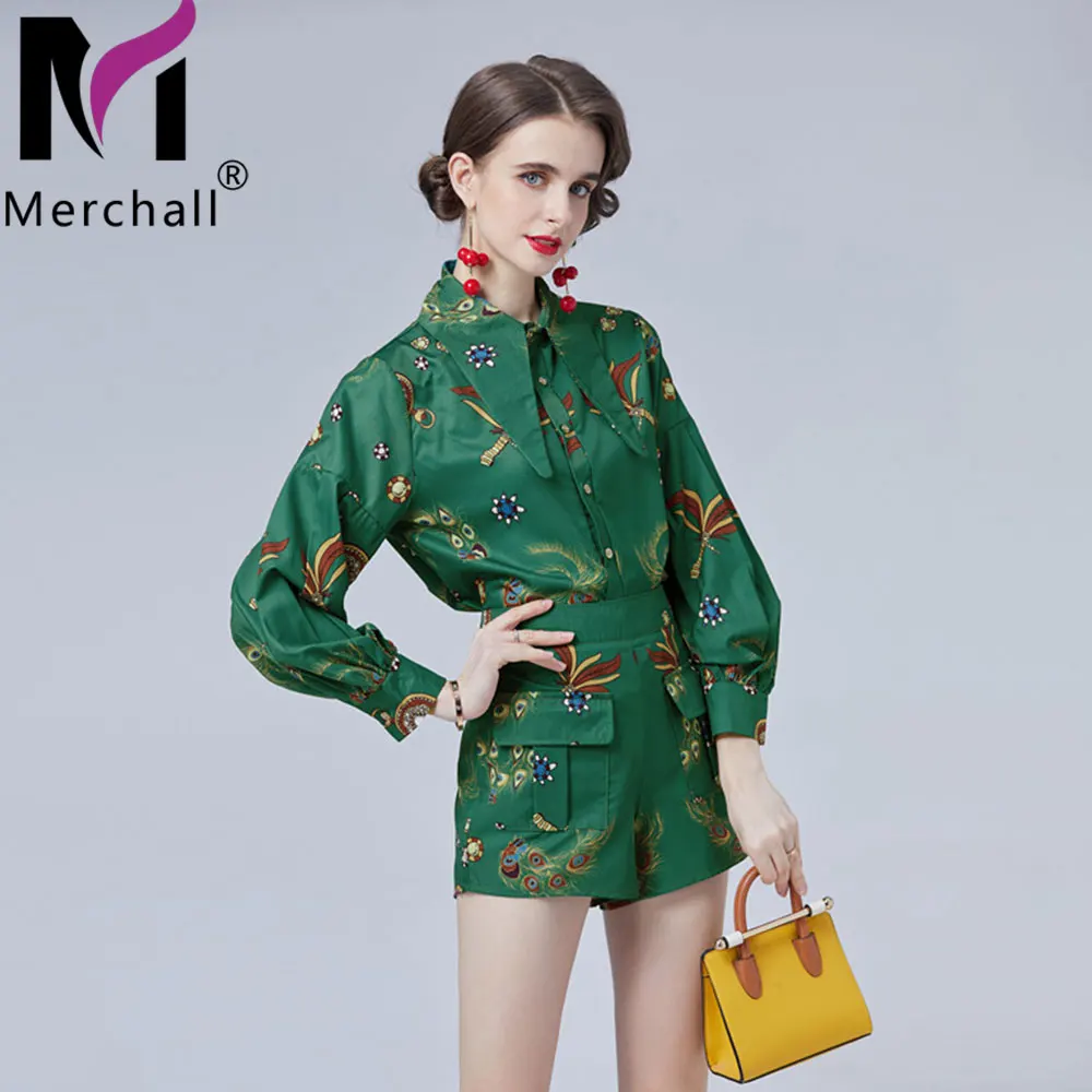 2021 Runway Vintage Woman Green Shorts Suits Turn Down Collar Latern Sleeve Shirt + Pockets Mini Two Piece Sets M68618 |
