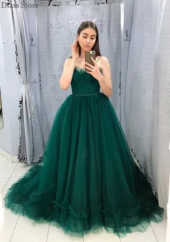 

Dark Green 2020 Simple Evening Dress Spaghetti Straps A-line Sweetheart Neck Sweep Train For Girl Prom Party