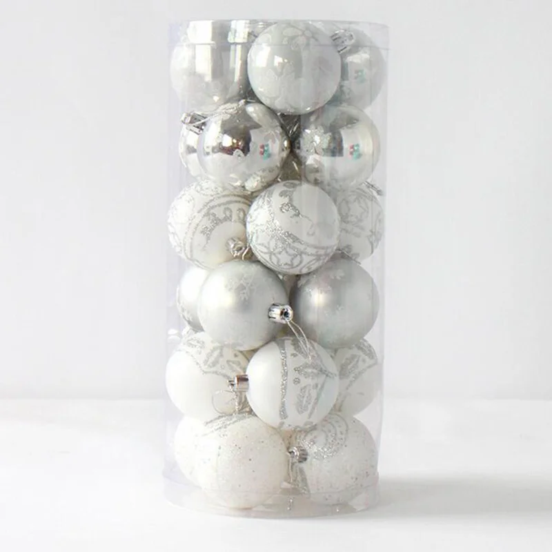 Silver White 24x шары для рождественской елки, безделушка, снежное подвесное украшение для рождественской вечеринки, Декор, Bombki Choinkowe Kerstballen bolas de navidad - Цвет: Silver White