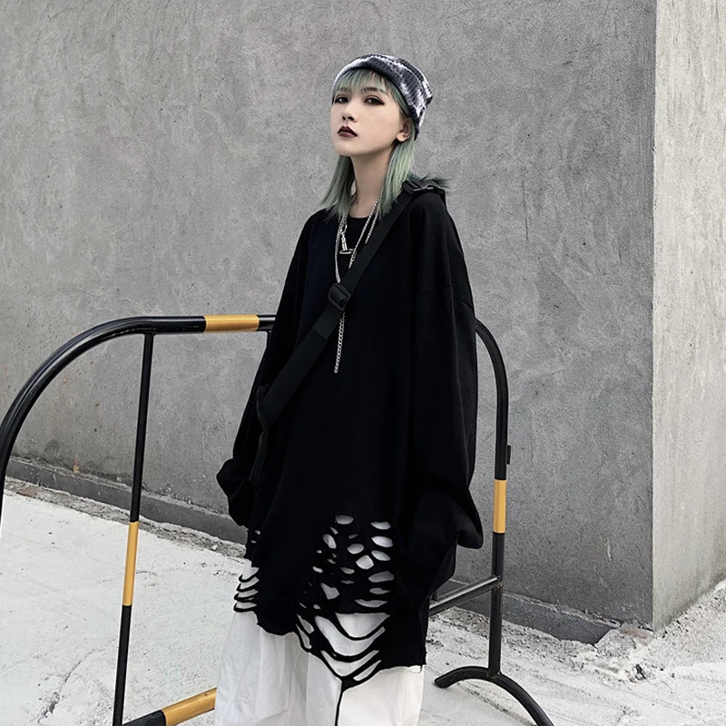 black ZSIIBO футболка с длинными рукавами женская ins trend уличная Ретро Темно-черная поврежденная свободная нижняя одежда тонкий свитер Harajuku - Цвет: black