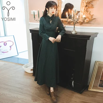 

YOSIMI 2019 Spring Chiffon Striped Maxi Long Women Dress Wrist Sleeve Female Vestidos Ankle-Length Fit and Flare Elegant Dresses