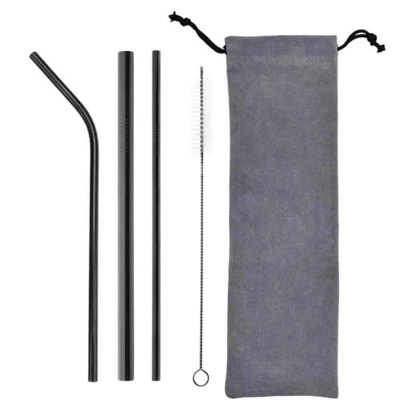 5pcs Stainless Steel Portable Drinking Straws Set Household Bar Kitchen Supplies Portable Travel Drink Tableware - Цвет: Black