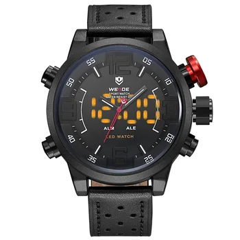 

Fashion WEIDE Digital Quartz Watch Leather Strap Male Alarm LED Wristwatch Relogios Dual time Waterproof military Watches