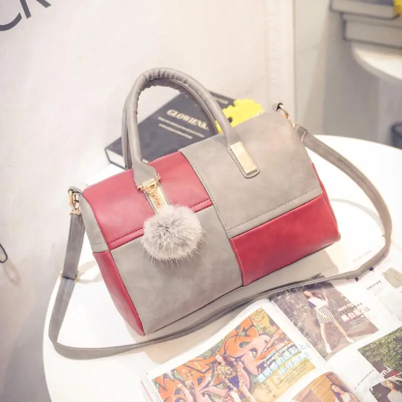 

New Women Color Matching Messenger Bags PU Leather Shoulder Bag Female Hair Ball Ornaments Handbags Outdoor Travel Nag
