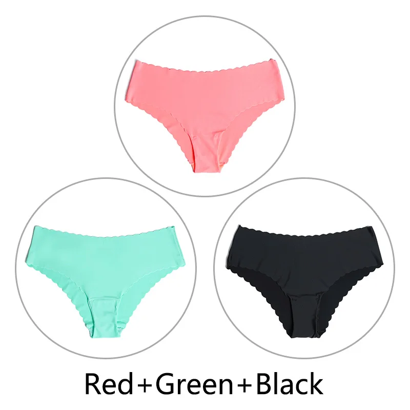3 шт./партия, кружевные бесшовные трусики, шелковые однотонные сексуальные трусы, женское нижнее белье, ультра-тонкое нижнее белье с низкой посадкой, XS-L, американский размер - Цвет: Red Green Black