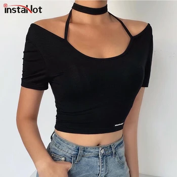 

InstaHot Sexy Bandage Halter T shirt Black Cropped Top Letter Applique Casual Streetwear t shirt Short Sleeve Summer Tee Top