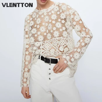 

2020 Spring Summer Sexy Hollow Out Embroidery Women Shirt O-Neck Long Sleeve Knit Tops And Blouses Ladies Blusas Mujer De Moda