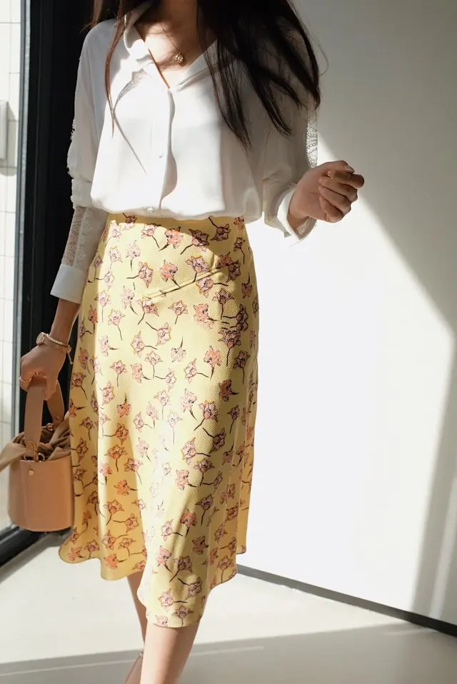 

Elfbop Top Quality Ladies Lemon Yellow Flower Print Midi Skirt With Lining