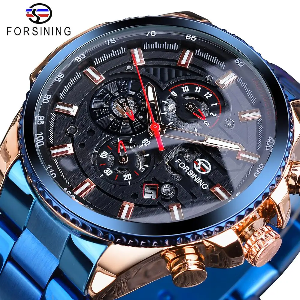 Forsining Three Dial Calendar Stainless Steel Mens Automatic Mechanical Sport Wrist Watches Top Brand Luxury Sport Male Clock