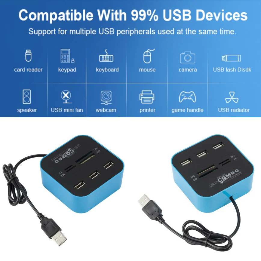 Grwibeou-USB Hub Combo, 3 Portas, USB 2.0, Leitor de Micro Cartões, SD, TF, Splitter, Tudo em Um para PC, Acessórios de Computador