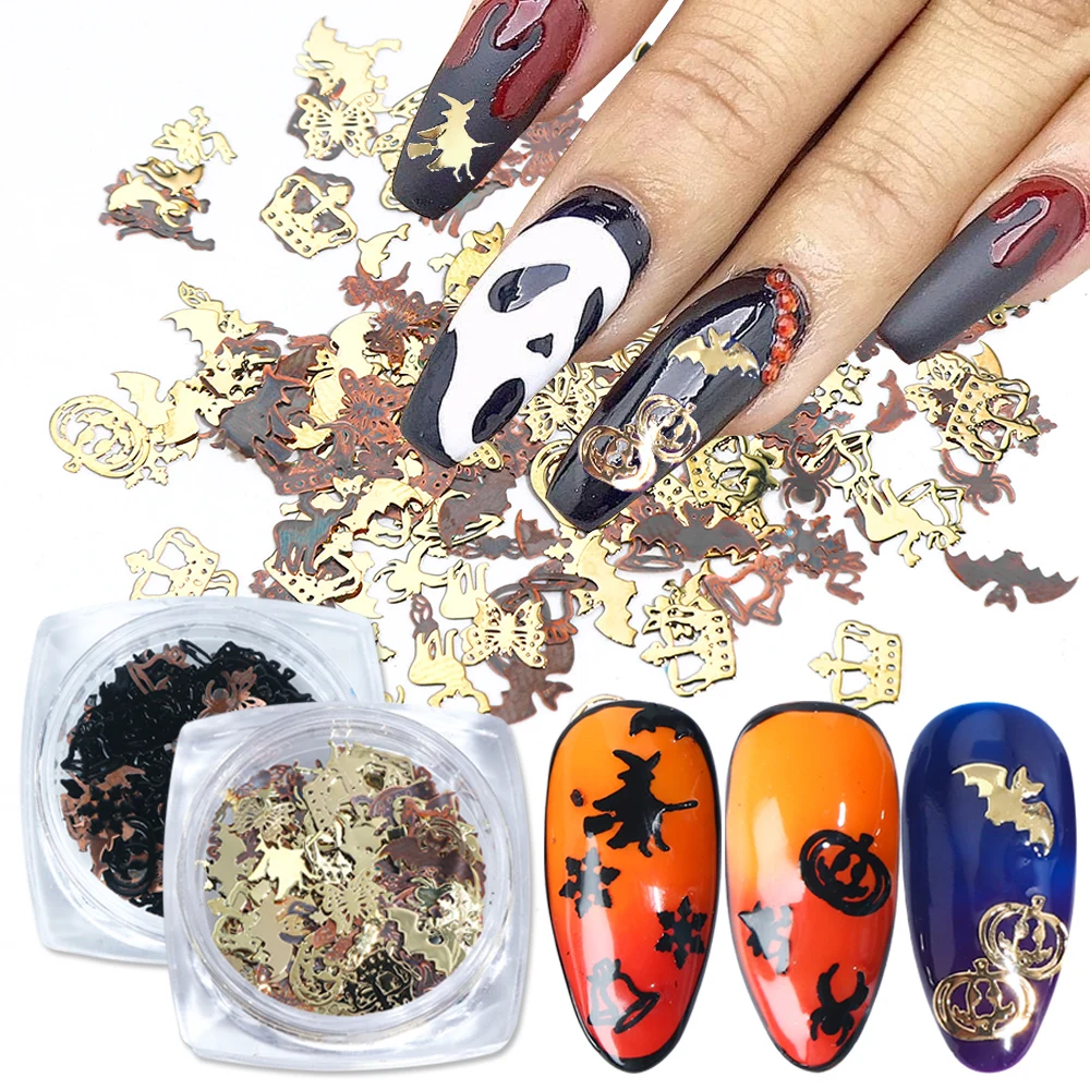 120pcs Gold Black Halloween Nail Glitter Sequins Alloy Jewelry Patch Flakes Gel Polish Manicure Art Decorations NF1034 | Красота и