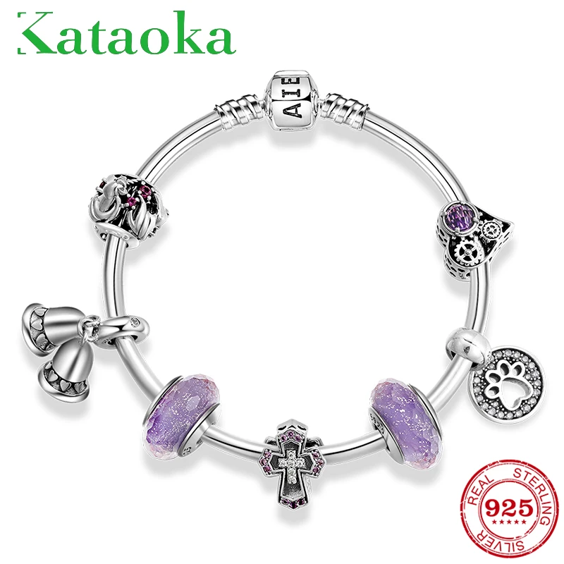 Высокое качество 925 пробы серебро CZ стекло браслеты из бисера ювелирные изделия крест Фиолетовый муранского стекла бисера браслет с подвеской ювелирные изделия