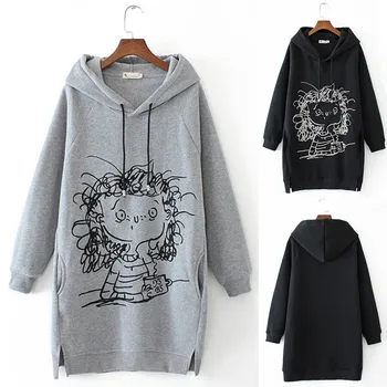 

Women's cartoon sketch long autumn and winter girls print long-sleeved cardigan hooded sweatshirt pullover#40