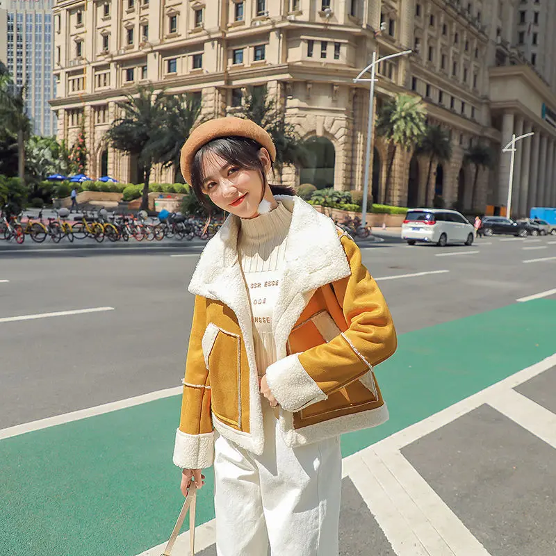 Осень Зима Имитация замши Женское пальто подкладка с имитацией овечьей шерсти Женская куртка