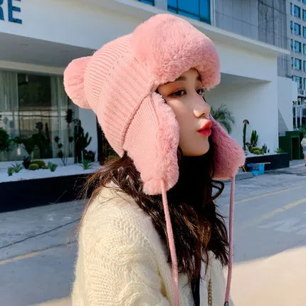 Hat Women's Winter Ushanka Korean-style Versatile Cute plus Velvet Rabbit Hair Ball Earmuff Knitted Autumn &amp Wool Cap |