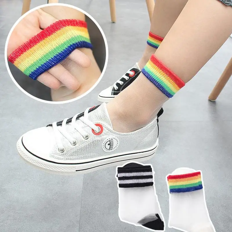 

1Pair Rainbow Silk Socks Transparent Children's Crystal Stockings Thin Striped girl socks Ultrathin Elastic Rainbow Short Socks
