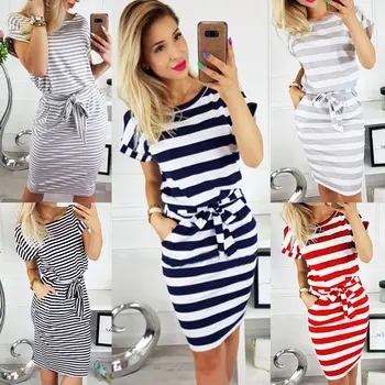 

XUANCOOL Women Casual Striped Dresses Short Sleeve O-Neck Women Shirt Dress Tee Shirt Dress Streetwear Summer Midi Dress Vestios