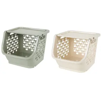 

2 Pcs Kitchen Storage Basket Plastic Hollow Vegetables Fruit Racks with Cover Storage Basket (Green & Beige)