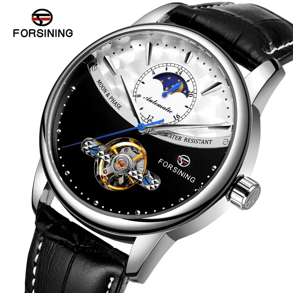 Forsining классические синие Moon Phase механические часы черный ремень из натуральной кожи мужские наручные часы мужские Reloj Hombre