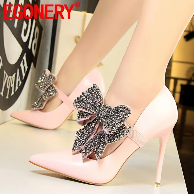 

EGONERY spring new fashion sexy women pumps outside super high heels pointed toe bowtie crystal party women shoes drop shipping