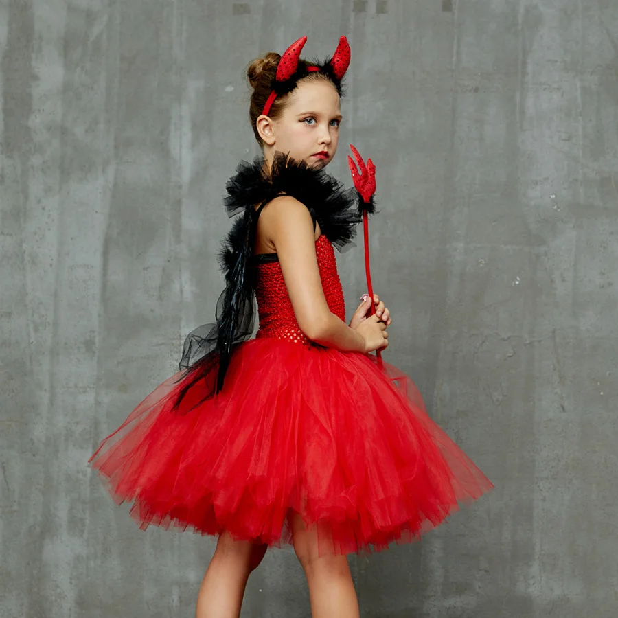 Wicked Red Devil Girls Tutu Dress Kids Halloween Cosplay Carnival Party Costume Handmade Tulle Children Fancy Satan Demon Dress (12)